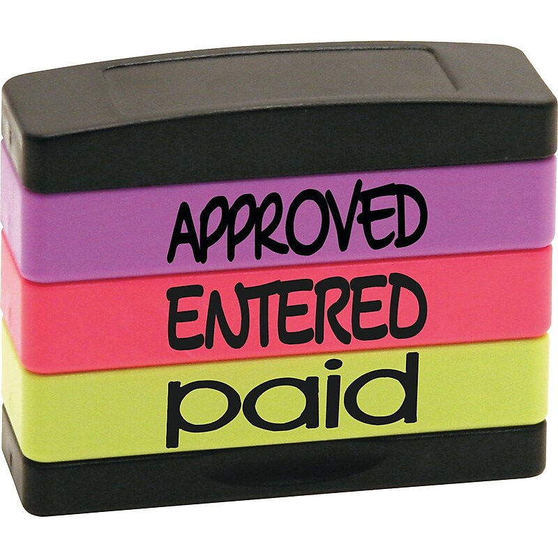 Stack Stamp Set, "Approved", "Entered", "Paid", Assorted Fluorescent Ink (8802) image 1