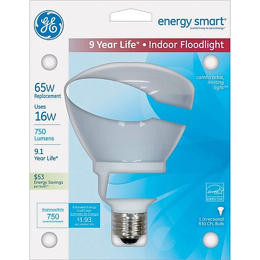 Energy Smart Indoor Floodlight Fluorescent Light Bulb, R30, 750 Lm
