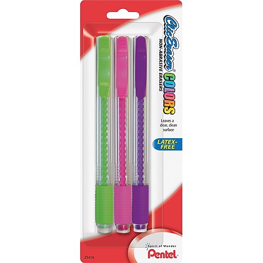 Pentel Clic Stick Erasers, Assorted Colors, 3/Pack (ZE23BP3M) Staples