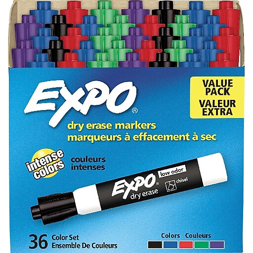 Expo Low Odor DryErase Markers, Chisel Tip, Assorted, 36/Box at Staples