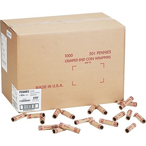 Preformed Tubular Coin Wrappers, Pennies, .50, 1000 Wrappers/box Staples