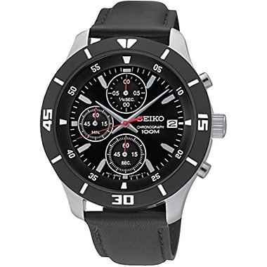 Seiko Mens Chronograph Stainless Case & Black Dial Watch with Black Leather Strap