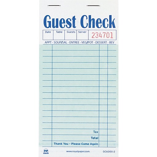 Guest Check Book, Carbon Duplicate, 3 1/2 x 6 7/10, 50/book, 50 Books