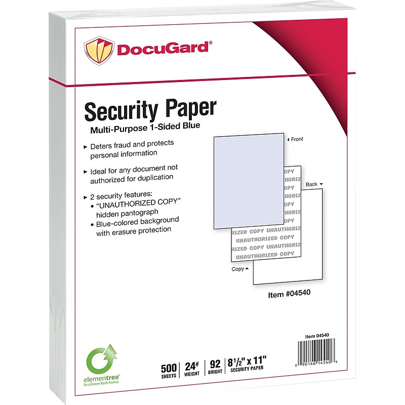 Paris DocuGard Standard 8.5" x 11" Security Paper, 24 lbs., Blue, 500 Sheets/Ream, 2500/Carton (04540) image 1