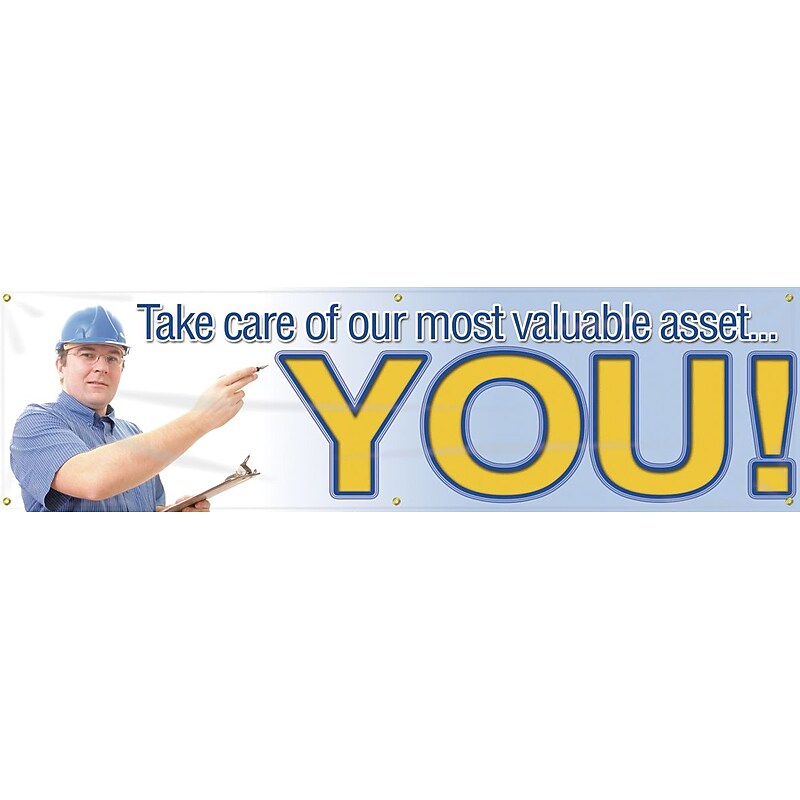 Accuform Motivational Banner, TAKE CARE OF OUR MOST VALUABLE ASSET...YOU!, 28"x8', Vinyl (MBR841) image 1