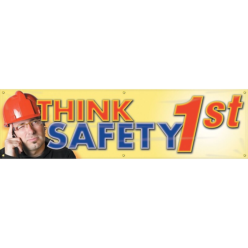 Accuform Motivational Safety Banner, THINK SAFETY 1ST, 28" x 8', Reinforced Vinyl (MBR815) image 1