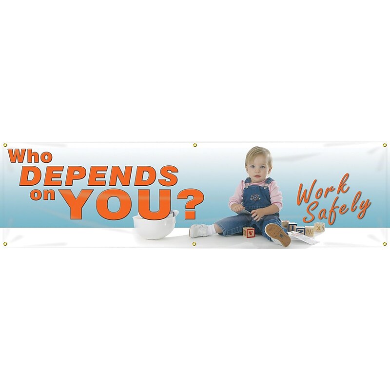 Accuform Motivational Safety Banner, WHO DEPENDS ON YOU? WORK SAFELY, 28" x 8', Reinforced Vinyl (MBR850) image 1