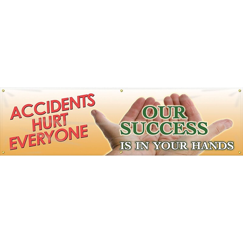 Accuform Motivational Banner; ACCIDENTS HURT EVERYONE-SUCCESS IS IN YOUR HANDS, 28"x8', Vinyl (MBR704) image 1