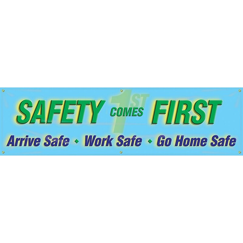 Accuform Motivational Safety Banner, SAFETY COMES FIRST, 28" x 8', Reinforced Vinyl (MBR833) image 1