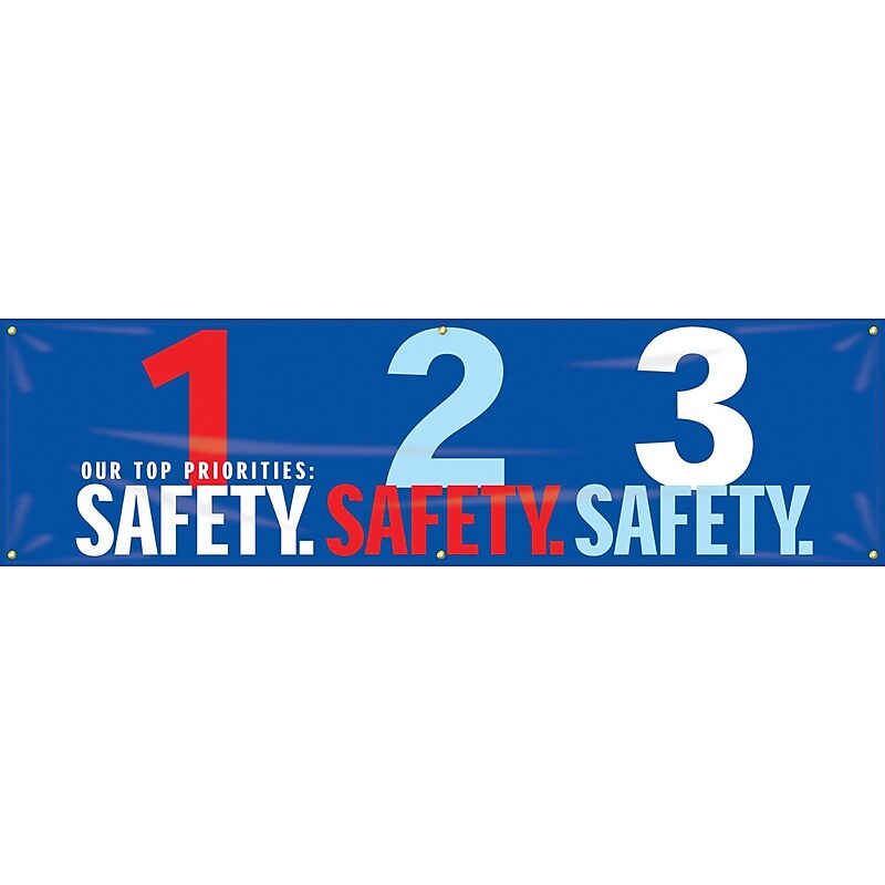 Accuform Motivational Banner; OUR TOP PRIORITIES: 1-SAFETY. 2-SAFETY. 3-SAFETY, 28"x8', Vinyl (MBR951) image 1