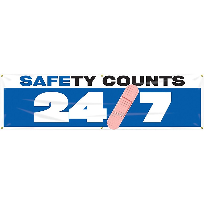 Accuform Motivational Safety Banner, SAFETY COUNTS 24/7, 28" x 8', Reinforced Vinyl (MBR936) image 1