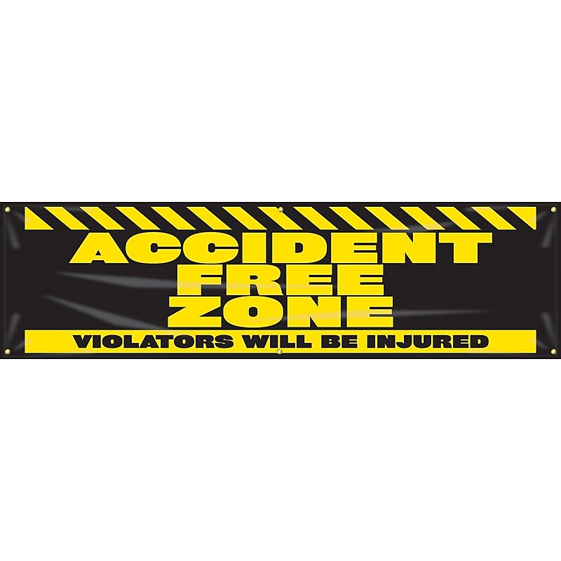 Accuform Motivational Banner, ACCIDENT FREE ZONE-VIOLATORS WILL BE INJURED, 28"x8', Vinyl (MBR935) image 1