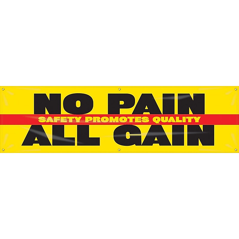 Accuform Motivational Banner, SAFETY PROMOTES QUALITY-NO PAIN ALL GAIN, 28"x8', Vinyl (MBR921) image 1