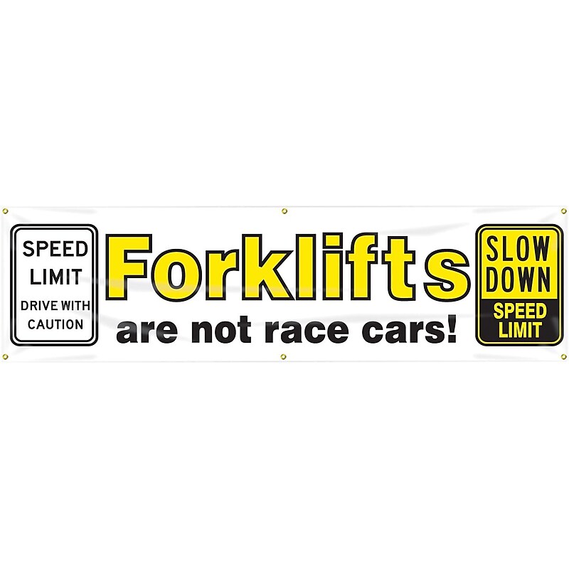 Accuform Motivational Safety Banner, FORKLIFTS ARE NOT RACE CARS!, 28" x 8', Reinforced Vinyl (MBR891) image 1