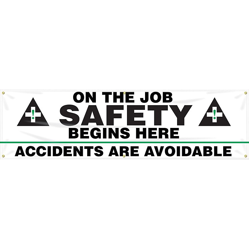 Accuform Motivational Safety Banner, ON THE JOB SAFETY BEGINS HERE, 28"x8', Reinforced Vinyl (MBR884) image 1