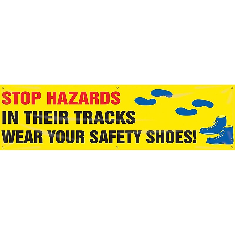 Accuform Banner; STOP HAZARDS IN THEIR TRACKS-WEAR YOUR SAFETY SHOES!, 28"x8', Vinyl (MBR871) image 1