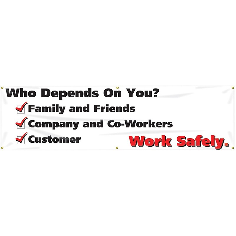 Accuform Motivational Safety Banner, WHO DEPENDS ON YOU? WORK SAFELY, 28" x 8', Reinforced Vinyl (MBR828) image 1