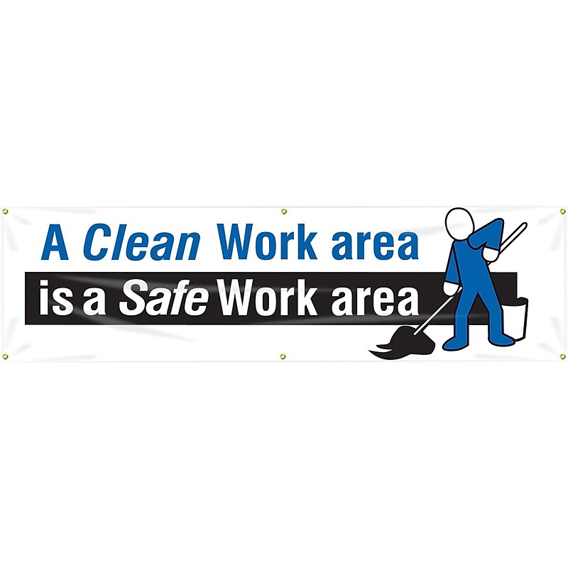 Accuform Motivational Banner, A CLEAN WORK AREA IS A SAFE WORK AREA, 28"x8', Reinforced Vinyl (MBR803) image 1