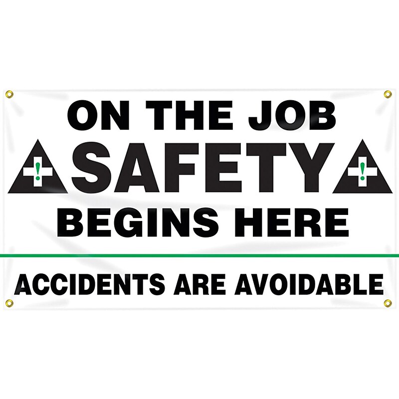 Accuform Motivational Safety Banner, ON THE JOB SAFETY BEGINS HERE, 28"x4', Reinforced Vinyl (MBR422) image 1
