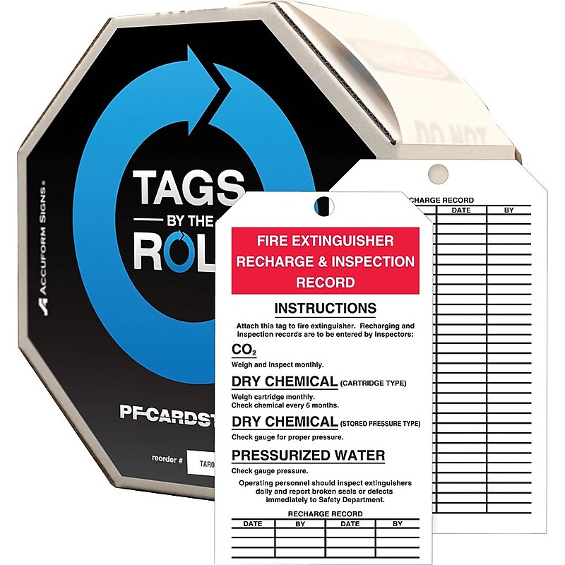 Accuform Tag By-The-Roll, FIRE EXTINGUISHER RECHARGE & INSPECTION, 6 1/4"x3" Cardstock, 100/Roll (TAR710) image 1