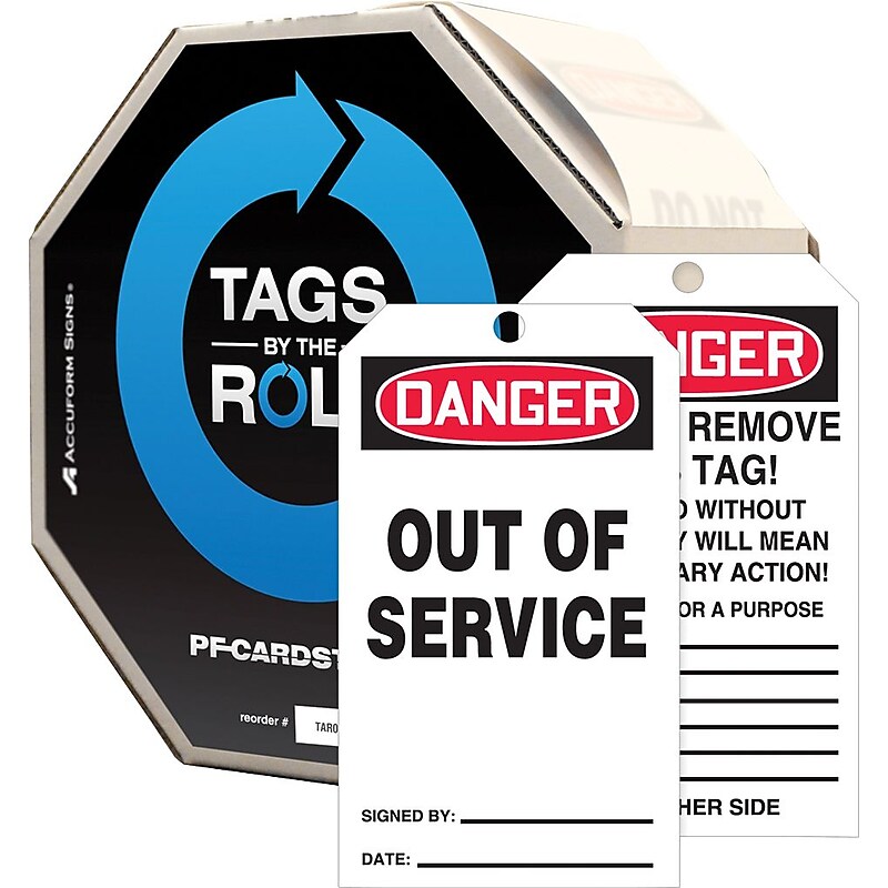 Accuform Tags By-The-Roll, DANGER OUT OF SERVICE, 6 1/4" x 3", PF-Cardstock, 100/Roll (TAR118) image 1