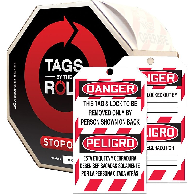 Accuform Bilingual Tags Roll; DANGER TAG & LOCK TO BE REMOVED BY, 6¼"x3" PF-Cardstock, 250/Roll (TAR486) image 1