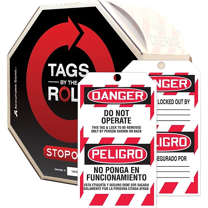 Accuform Bilingual Tags By-The-Roll, DANGER DO NOT OPERATE, 6¼"x3", PF-Cardstock, 250/Roll (TAR482) image 1