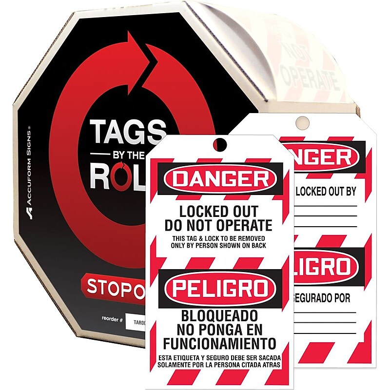 Accuform Bilingual Tag By-The-Roll, DANGER LOCKED OUT DO NOT OPERATE, 6 1/4"x3" Cardstock 100/RL (TAR462) image 1