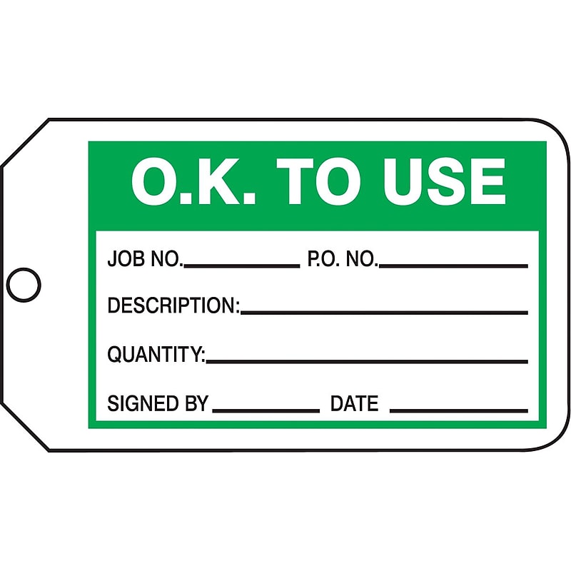 Accuform Production Control Tag, O.K. TO USE, 5¾" x 3¼", RP-Plastic, 25/Pack (MMT325PTP) image 1