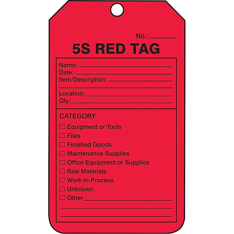 Accuform Production Control Tag, 5S RED TAG, 5 3/4" x 3 1/4", RP-Plastic, 25/Pack (MMT105PTP) image 1