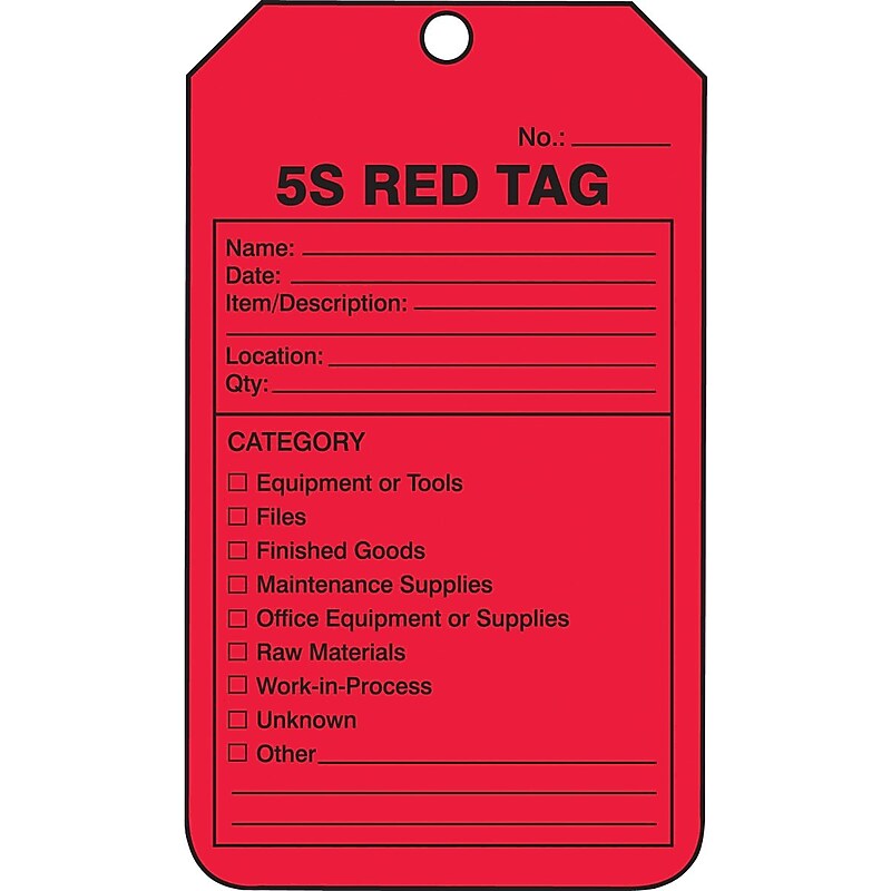 Accuform Production Control Tag, 5S RED TAG, 5 3/4" x 3 1/4", PF-Cardstock, 25/Pack (MMT105CTP) image 1