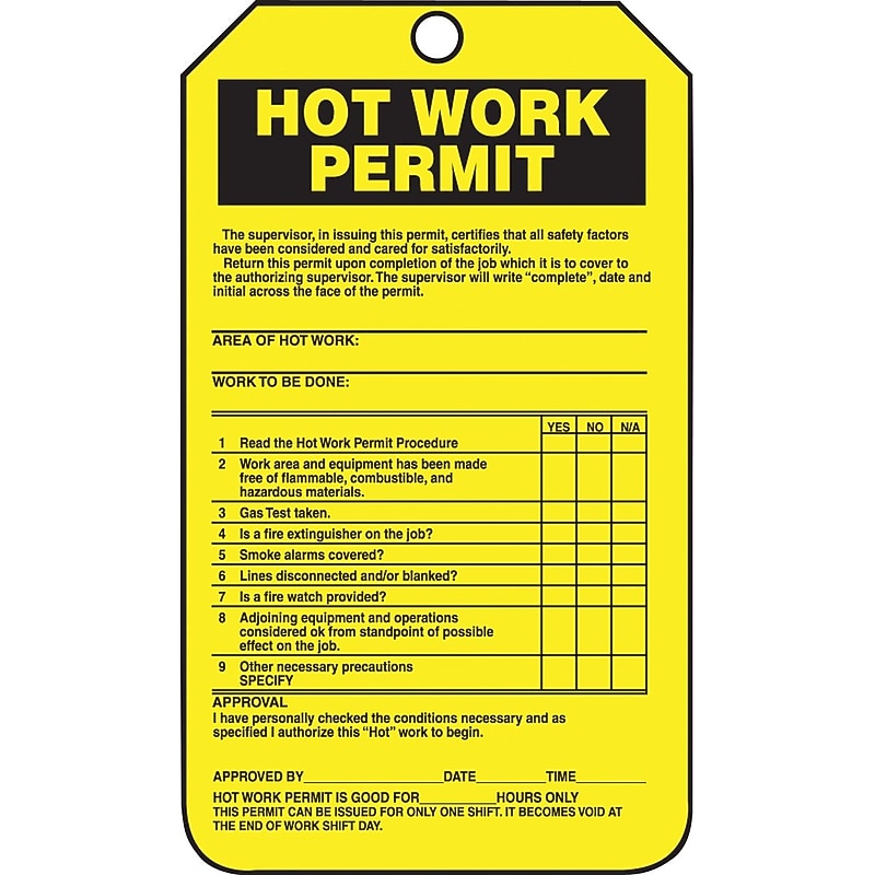 Accuform Safety Tag, HOT WORK PERMIT, 5 3/4" x 3 1/4", PF-Cardstock, 25/Pack (TCS361CTP) image 1