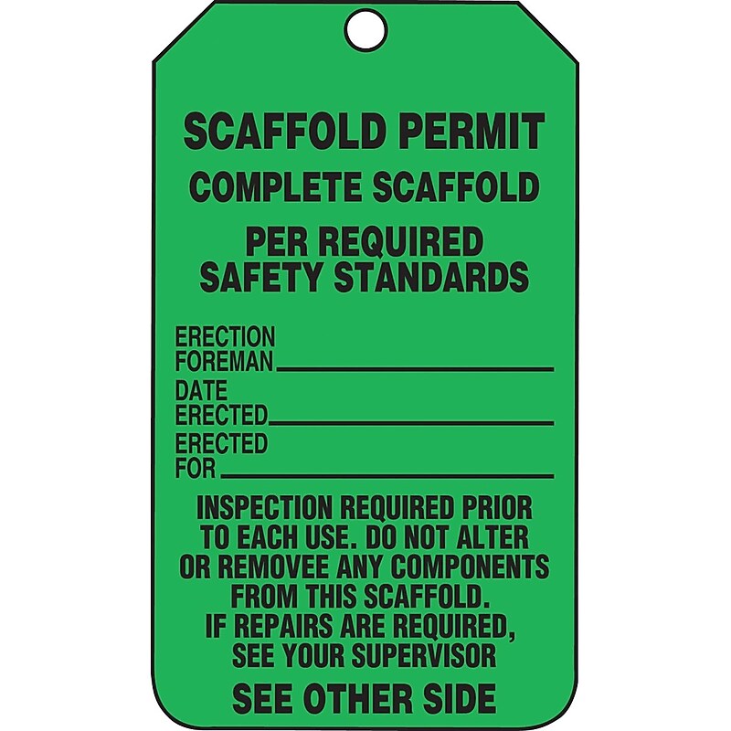 Accuform Tag, SCAFFOLD PERMIT COMPLETE PER REQ'D SAFETY STANDARDS, 5¾"x3¼" RP-Plastic, 25/Pack (TRS326PTP) image 1