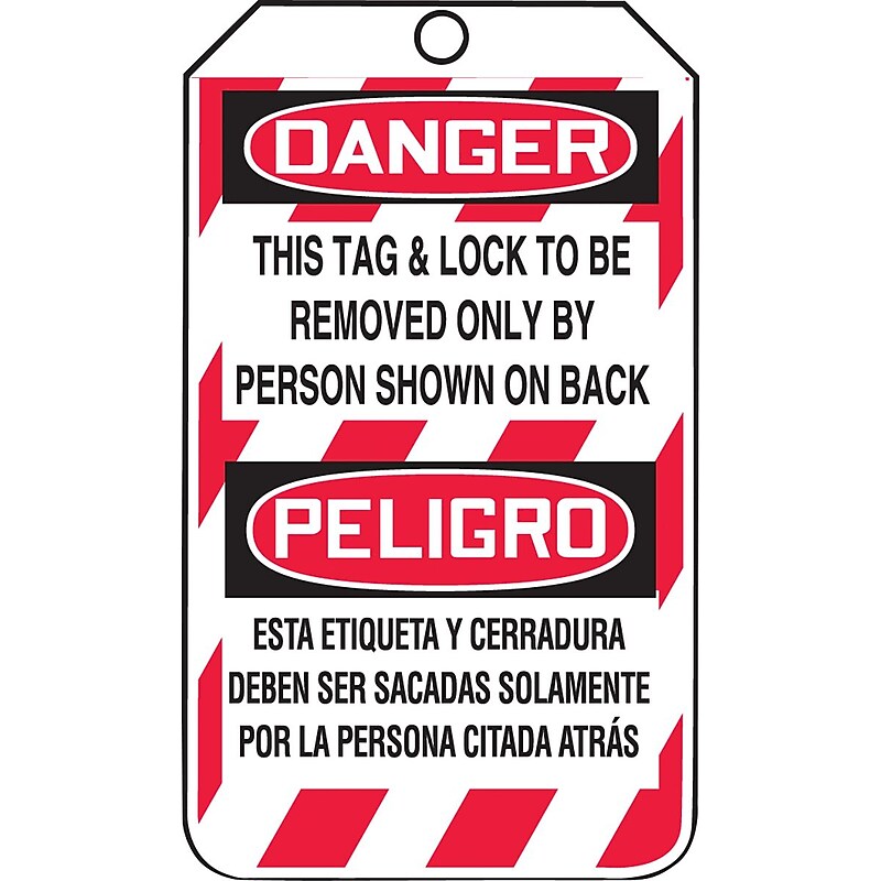 Accuform Bilingual Tag; DANGER THIS LOCK TO BE REMOVED ONLY BY PERSON 5¾"x3¼" Plastic, 25/Pack (MSPT505PTP) image 1