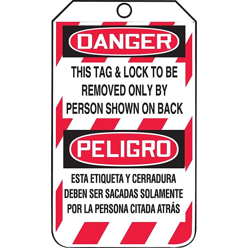 Accuform Bilingual Tag; DANGER TAG & LOCK TO BE REMOVED ONLY BY #, 5 3/4"x3 1/4", Cardstock, 25/Pack (MSPT505CTP) image 1