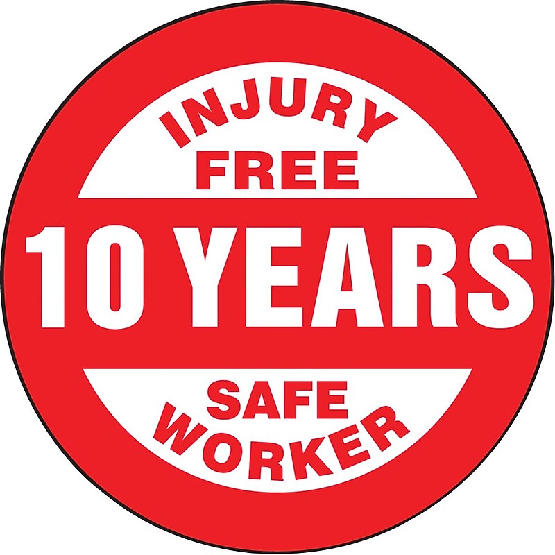 Accuform Hard Hat/Helmet Decal, INJURY FREE SAFE WORKER-10 YEARS, 2¼", Adhesive Vinyl, 10/Pack (LHTL365) image 1
