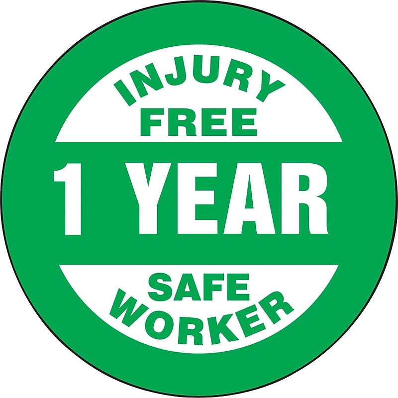 Accuform Hard Hat/Helmet Decal, INJURY FREE SAFE WORKER - 1 YEAR, 2¼", Adhesive Vinyl, 10/Pack (LHTL361) image 1