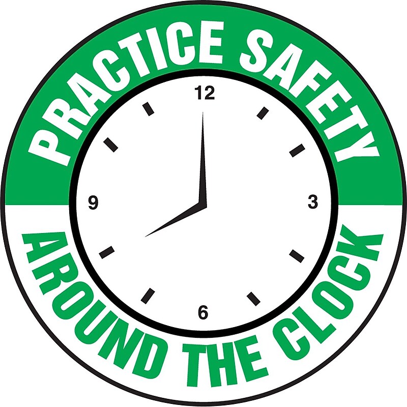 Accuform Hard Hat/Helmet Decal, PRACTICE SAFETY AROUND THE CLOCK, 2 1/4", Adhesive Vinyl, 10/Pack (LHTL308) image 1