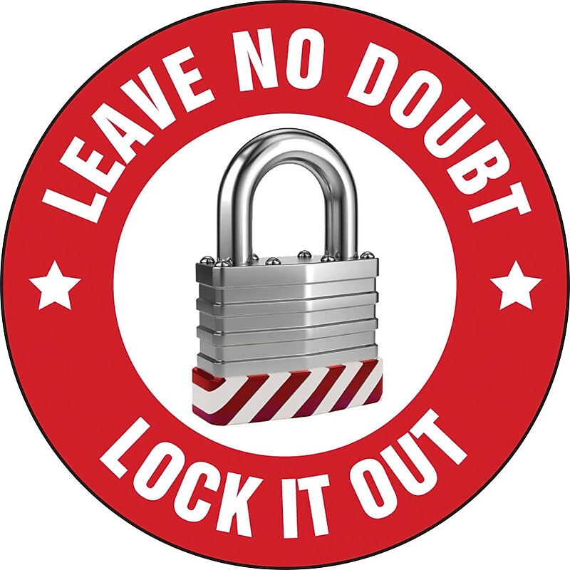 Accuform Hard Hat/Helmet Decal, LEAVE NO DOUBT LOCK IT OUT, 2 1/4", Adhesive Vinyl, 10/Pack (LHTL128) image 1