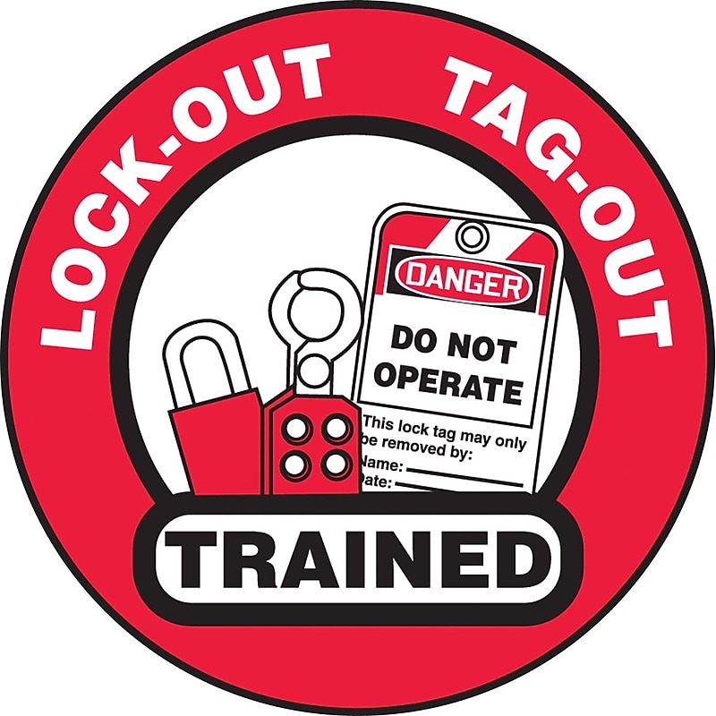Accuform Hard Hat/Helmet Decal, LOCK-OUT TAG-OUT TRAINED, 2 1/4", Adhesive Vinyl, 10/Pack (LHTL344) image 1