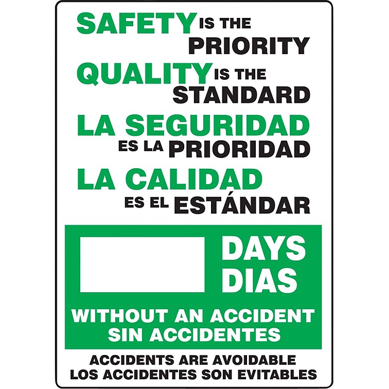 Accuform Bilingual Write-A-Day; SAFETY PRIORITY, QUALITY IS STANDARD # DAYS, 28"x20" Aluminum (SBMSR249AL) image 1