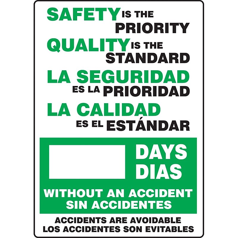 Accuform Bilingual Write-A-Day; SAFETY IS PRIORITY, QUALITY STANDARD # DAYS, 20"x14" Plastic (SBMSR129PL) image 1