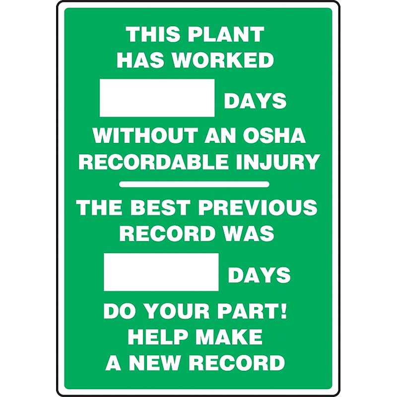Accuform Write-A-Day; PLANT WORKED # DAYS W/OUT OSHA RECORDABLE INJURY, 20"x14", Plastic (MSR127PL) image 1