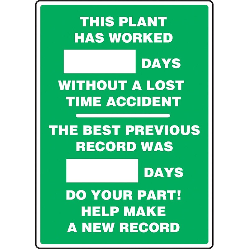Accuform Write-A-Day Scoreboard, PLANT WORK # DAYS W/OUT LOST TIME ACCIDENT 28"x20" Aluminum (MSR246AL) image 1