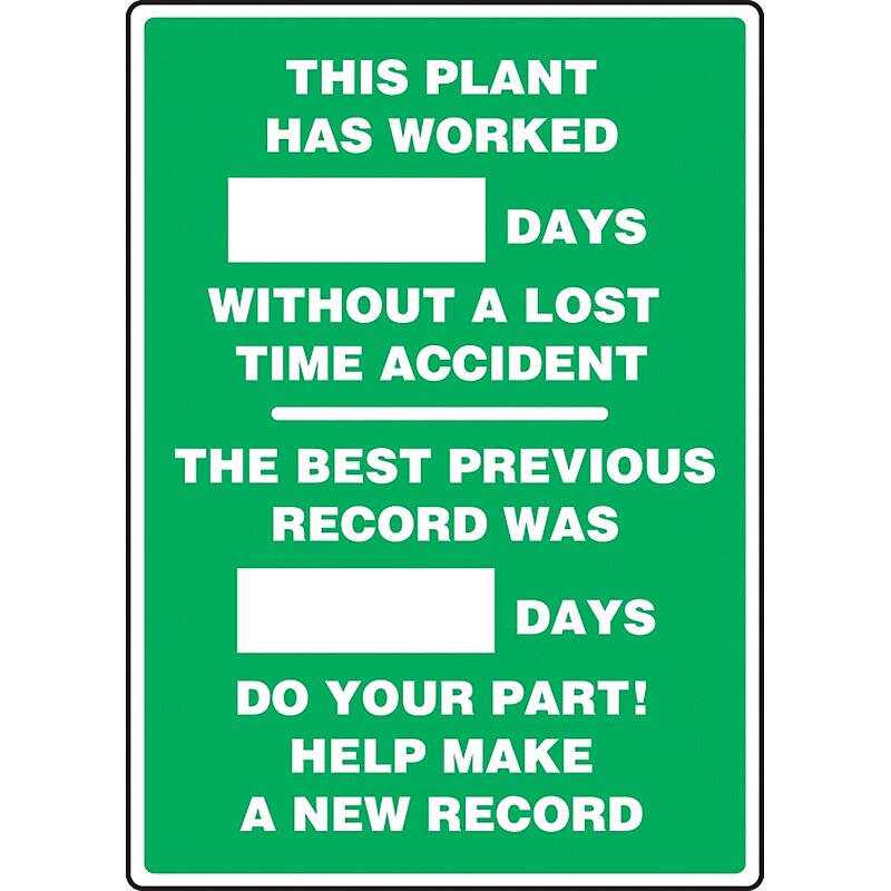 Accuform Write-A-Day Scoreboard, PLANT WORKED # DAYS W/OUT LOST TIME ACCIDENT 28"x20" Plastic (MSR246PL) image 1