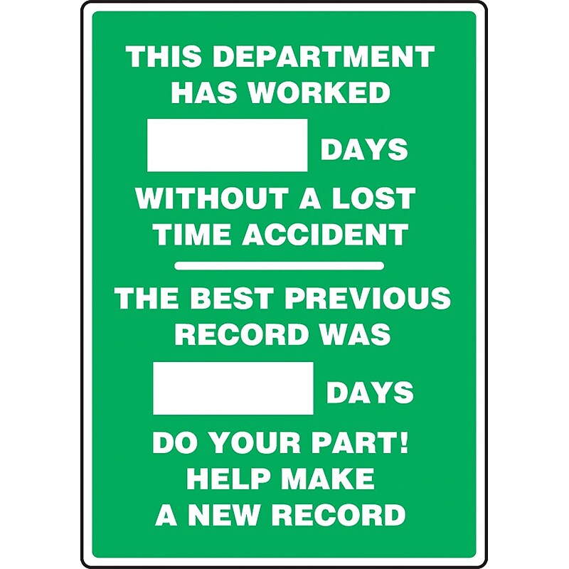 Accuform Write-A-Day Scoreboard, DEPT WORKED # DAYS W/OUT LOST TIME ACCIDENT 28"x20" Aluminum (MSR244AL) image 1