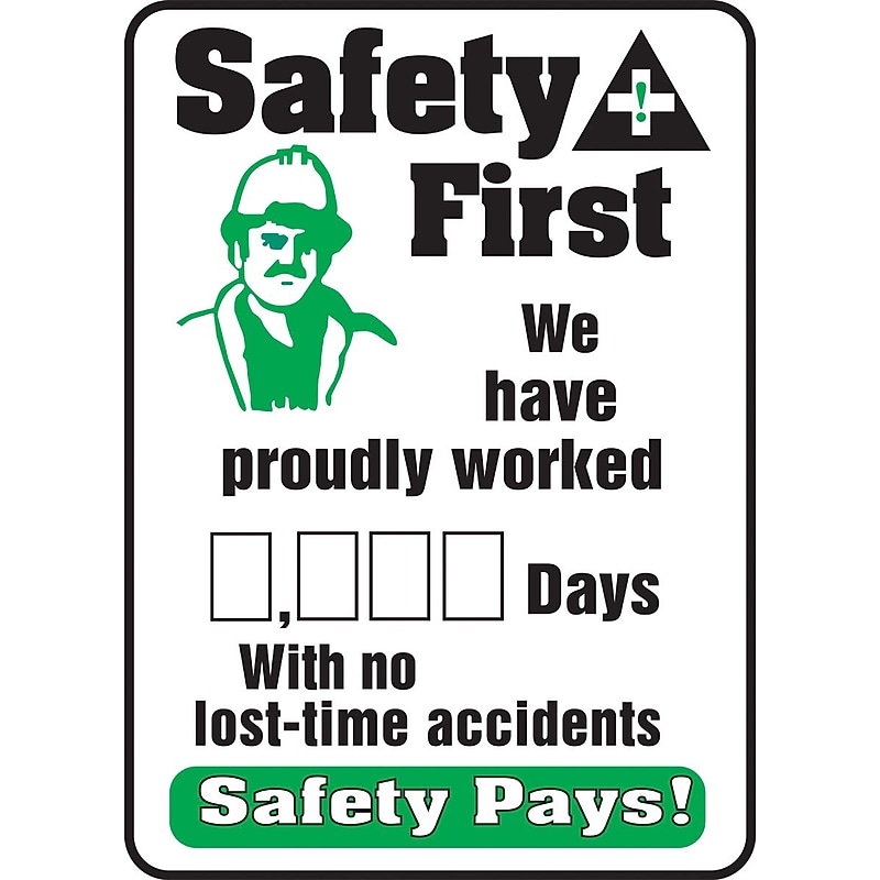 Accuform Write-A-Day Scoreboard; SAFETY FIRST- WORKED # DAYS NO ACCIDENTS, 20"x14", Plastic (MSR135PL) image 1