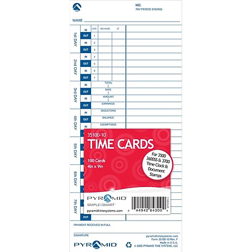 Pyramid 3000 Series Time Cards, 100 Pack, (3510010) Staples