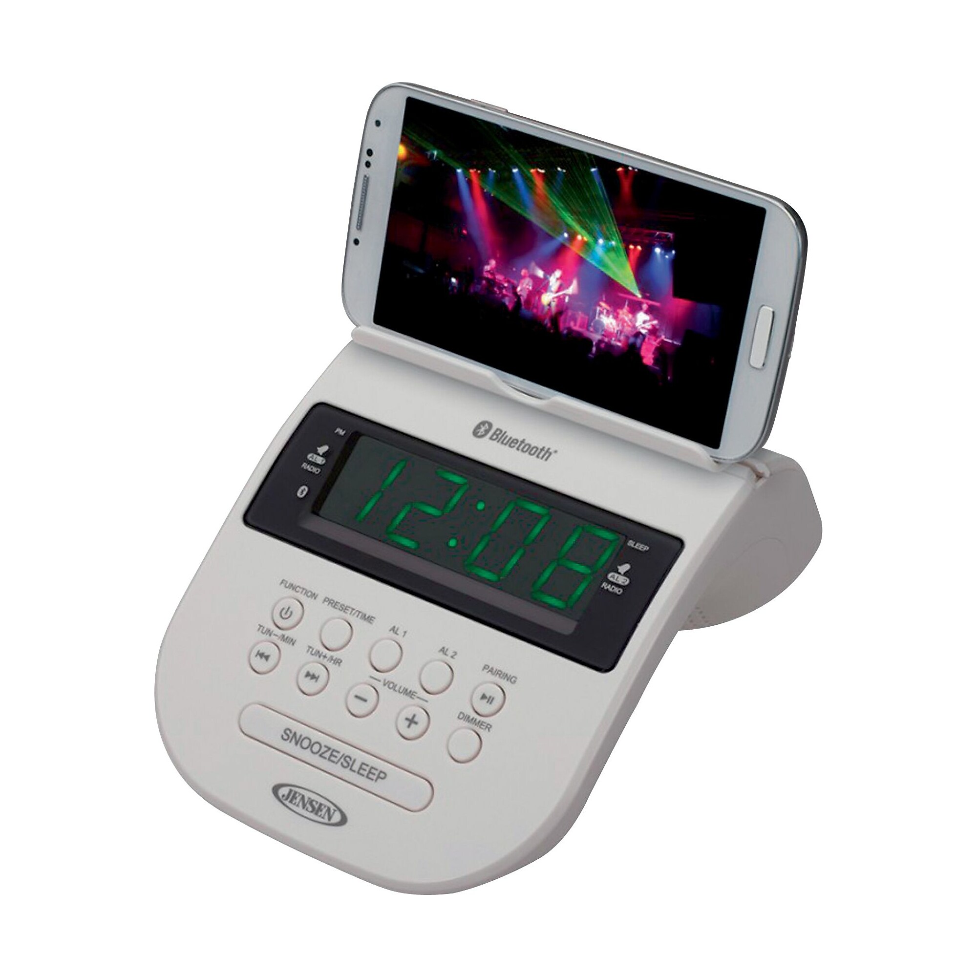 Jensen Bluetooth Clock Radio with Cellphone Holder, White (JCR-295-W) Sansujyuku sansujyuku.com