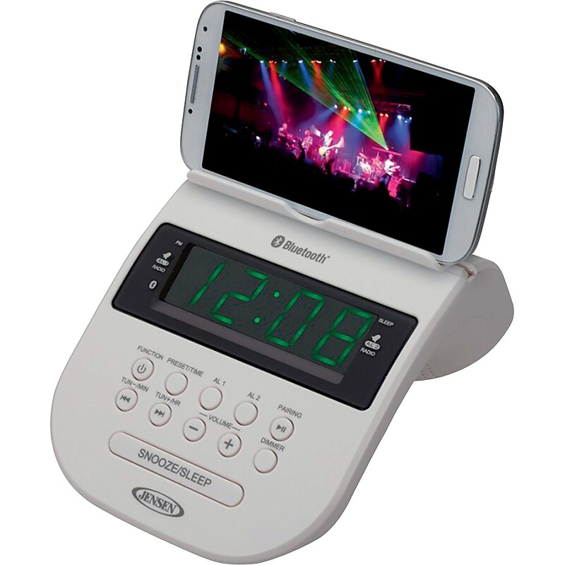 Jensen Bluetooth Clock Radio with Cellphone Holder, White (JCR-295-W) image 1